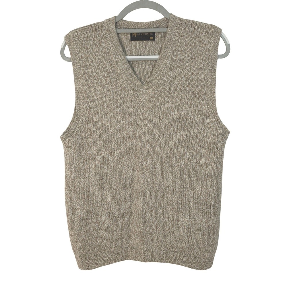 La Vicunita 100% Baby Alpaca Wool V-Neck Knit Sweater Vest Mens Small Tan Cream‎